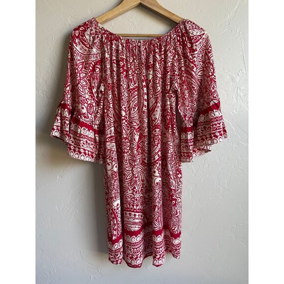 Umgee Size Small Red Cream Boho Bohemian Off the Shoulder Slip Shift Dress - Picture 3 of 6